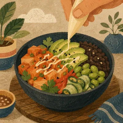 Colorful Salmon Avocado Poke Bowl Close-Up