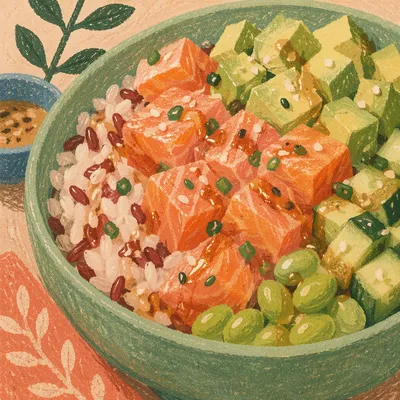 Colorful Salmon Avocado Poke Bowl Close-Up