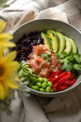 Colorful Salmon Poke Bowl with Avocado