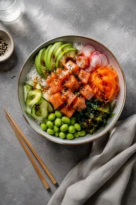Colorful Salmon Poke Bowl Overhead Lunch