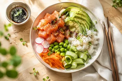Colorful Salmon Avocado Poke Bowl Overhead