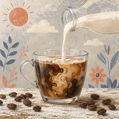 Milk Swirling Into Glass Coffee Cup