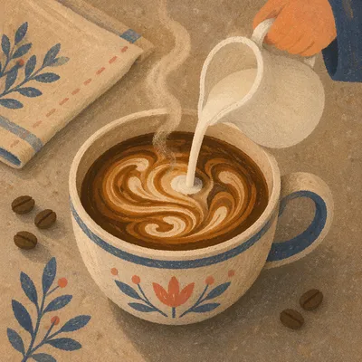 Milk Swirl Pouring Into Morning Coffee