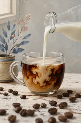 Milk Swirling Into Glass Coffee Cup