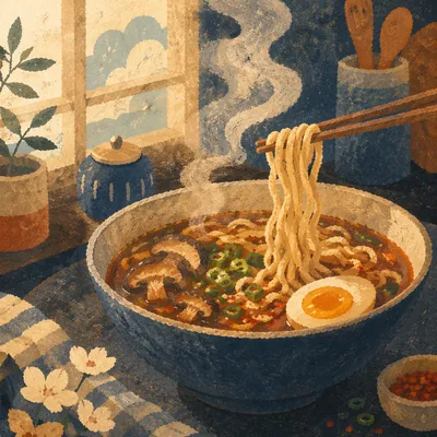 Steaming Ramen Bowl with Chopsticks Close-Up