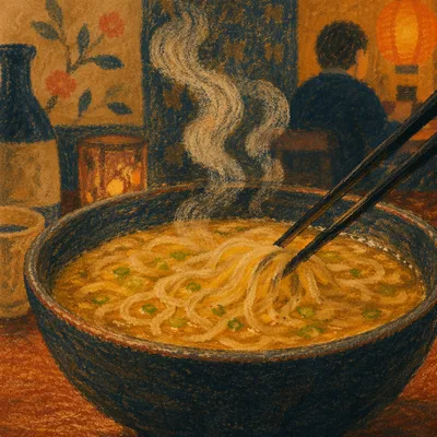 Steaming Ramen Bowl with Black Chopsticks