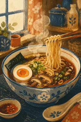 Steaming Ramen Bowl in Cozy Morning Light