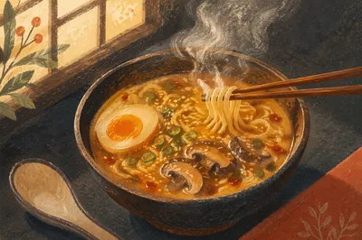 Steaming Ramen Bowl with Wooden Chopsticks