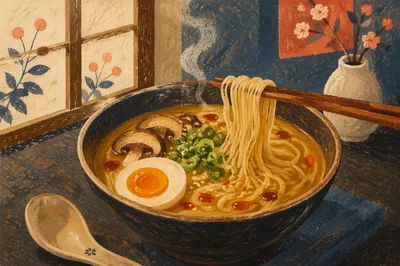 Steaming Ramen Bowl with Wooden Chopsticks