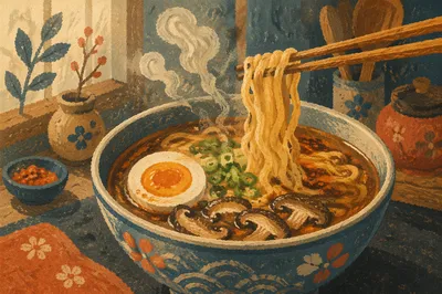Steaming Ramen Bowl in Cozy Morning Light
