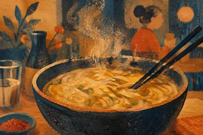 Steaming Ramen Bowl with Chopsticks Close-Up