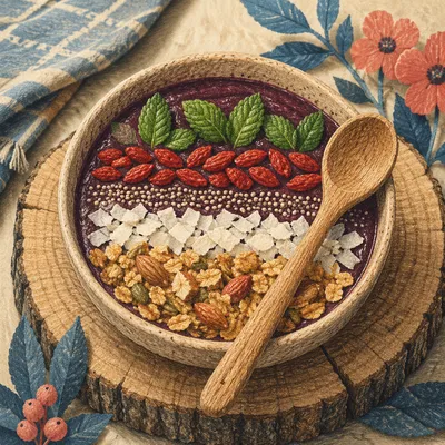 Rustic Acai Smoothie Bowl Breakfast Flat Lay