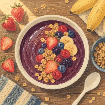 Purple Smoothie Bowl with Granola and Berries