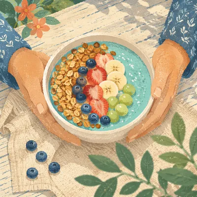 Turquoise Smoothie Bowl with Granola and Berries