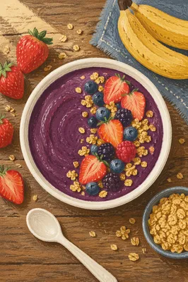Purple Smoothie Bowl with Granola and Berries