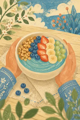 Turquoise Smoothie Bowl with Granola and Berries