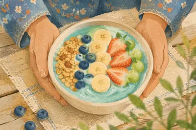 Turquoise Smoothie Bowl with Granola and Berries