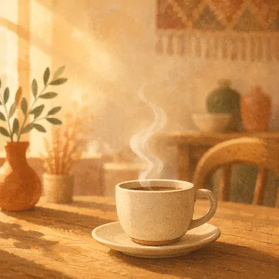 Steaming Morning Coffee on Wooden Table