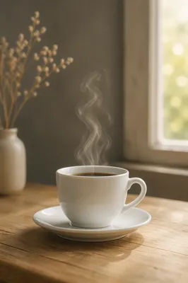 Steaming Morning Coffee on Wooden Table
