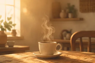 Morning Coffee Cup on Sunlit Table
