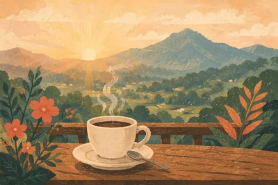 Steaming Morning Coffee on Rustic Table