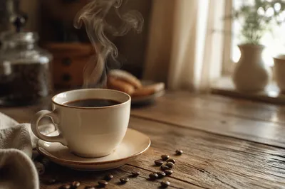 Steaming Morning Coffee on Rustic Table