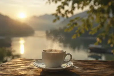 Steaming Morning Coffee by Misty Lake