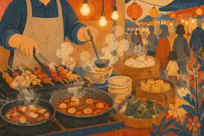 Steaming Street Food Stall at Night