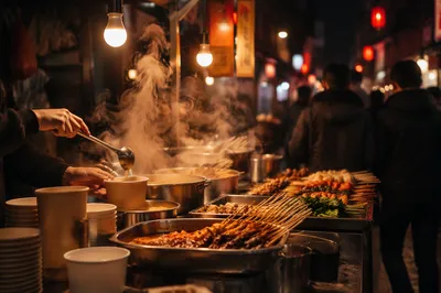 Steaming Street Food Stall at Night