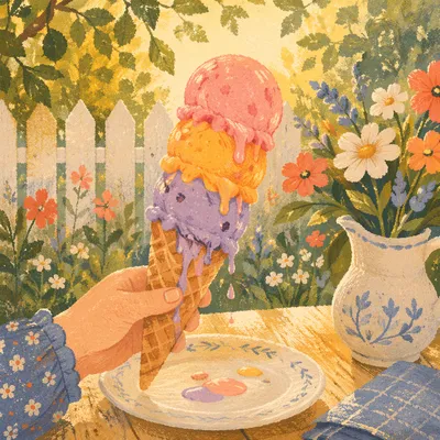 Melting Summer Ice Cream Cone in Sunlight