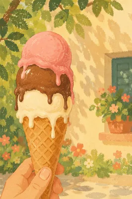 Melting Summer Ice Cream Cone in Sunlight