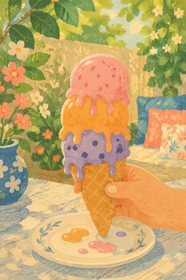 Melting Triple Scoop Ice Cream in Summer
