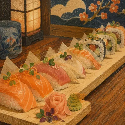 Artistic Sushi Platter on Wooden Board