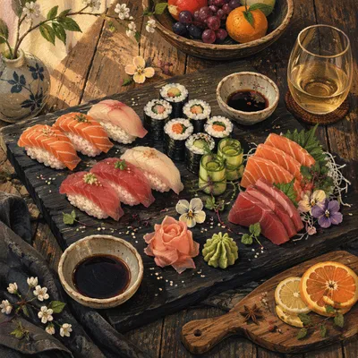 Artistic Sushi Platter on Rustic Wood