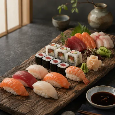Artistic Sushi Platter on Rustic Board