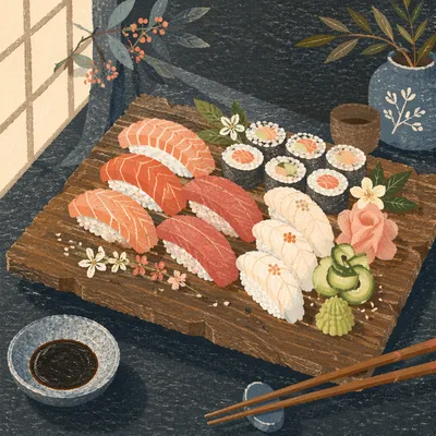 Artistic Sushi Platter on Rustic Wooden Board