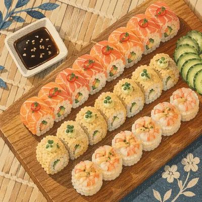 Artistic Sushi Platter on Wooden Board
