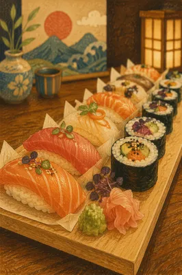 Artistic Sushi Platter on Wooden Board