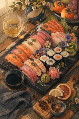 Artistic Sushi Platter on Rustic Wooden Boards