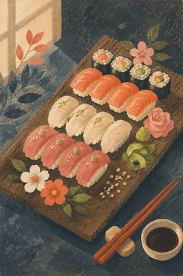 Artistic Sushi Platter on Rustic Wooden Board