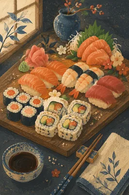 Artistic Sushi Platter on Rustic Board