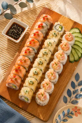 Artistic Sushi Platter on Wooden Board