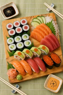 Artistic Sushi Platter on Wooden Board