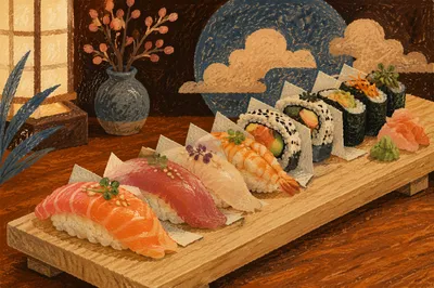 Artistic Sushi Platter on Wooden Board