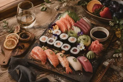 Artistic Sushi Platter on Rustic Wood
