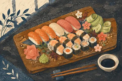 Artistic Sushi Platter on Rustic Board
