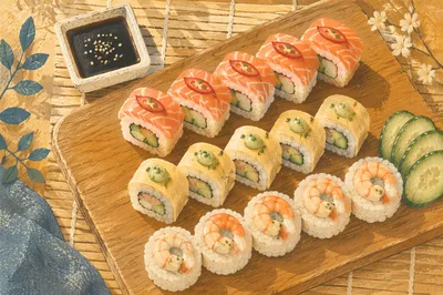 Artistic Sushi Platter on Wooden Board