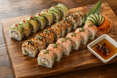 Artistic Sushi Platter on Wooden Board