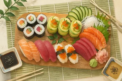 Artistic Sushi Platter on Wooden Board