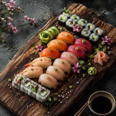 Artistic Sushi Platter on Rustic Board